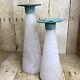 Pair Toyo Scavo Glass Verdigris Bronze Asymmetrical Candle Holders Taiwan 1980s