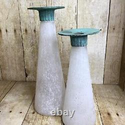 Pair Toyo Scavo Glass Verdigris Bronze Asymmetrical Candle Holders Taiwan 1980s