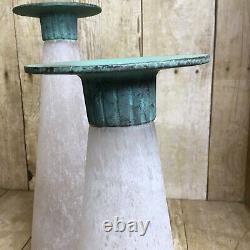 Pair Toyo Scavo Glass Verdigris Bronze Asymmetrical Candle Holders Taiwan 1980s