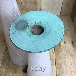 Pair Toyo Scavo Glass Verdigris Bronze Asymmetrical Candle Holders Taiwan 1980s