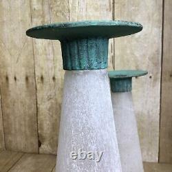 Pair Toyo Scavo Glass Verdigris Bronze Asymmetrical Candle Holders Taiwan 1980s