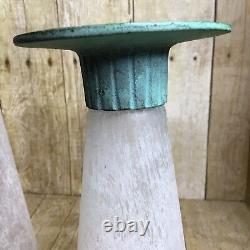 Pair Toyo Scavo Glass Verdigris Bronze Asymmetrical Candle Holders Taiwan 1980s