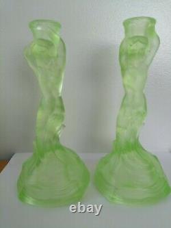Pair Uranium Green Glass Walther & Sohne Mermaid Nymphen Candlesticks C. 1930's