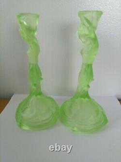 Pair Uranium Green Glass Walther & Sohne Mermaid Nymphen Candlesticks C. 1930's