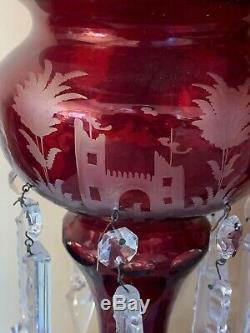 Pair VTG BOHEMIAN CUT RUBY GLASS MANTLE LUSTRES CANDLE HOLDERS PRISMS