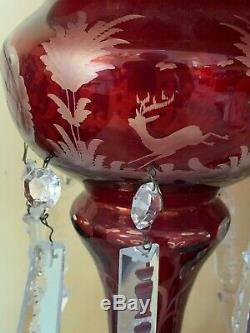 Pair VTG BOHEMIAN CUT RUBY GLASS MANTLE LUSTRES CANDLE HOLDERS PRISMS