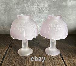 Pair? VTG Soft Pink Satin Glass Pedestal Fairy Lamps 2 Pc Votive Holders 5.5