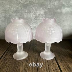Pair? VTG Soft Pink Satin Glass Pedestal Fairy Lamps 2 Pc Votive Holders 5.5