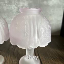 Pair? VTG Soft Pink Satin Glass Pedestal Fairy Lamps 2 Pc Votive Holders 5.5