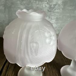 Pair? VTG Soft Pink Satin Glass Pedestal Fairy Lamps 2 Pc Votive Holders 5.5