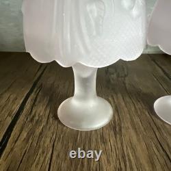 Pair? VTG Soft Pink Satin Glass Pedestal Fairy Lamps 2 Pc Votive Holders 5.5