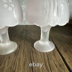 Pair? VTG Soft Pink Satin Glass Pedestal Fairy Lamps 2 Pc Votive Holders 5.5