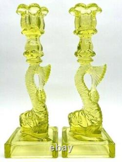 Pair Vaseline Glass Koi Fish Candlesticks Candle Holders MMA Imperial