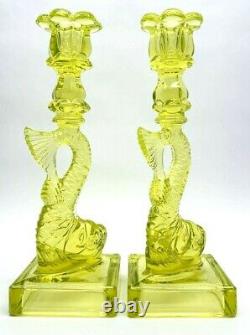 Pair Vaseline Glass Koi Fish Candlesticks Candle Holders MMA Imperial