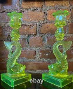 Pair Vaseline Glass Koi Fish Dolphin Candlesticks Candle Holders MMA Imperial