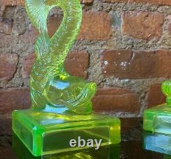 Pair Vaseline Glass Koi Fish Dolphin Candlesticks Candle Holders MMA Imperial