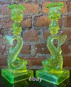 Pair Vaseline Glass Koi Fish Dolphin Candlesticks Candle Holders MMA Imperial