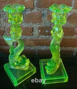 Pair Vaseline Glass Koi Fish Dolphin Candlesticks Candle Holders MMA Imperial