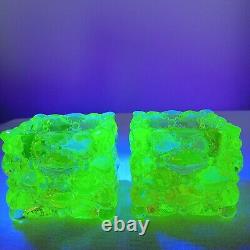 Pair Vaseline Glass Votive / Candle Holders, Diamond Quilted Pattern, Very Rare