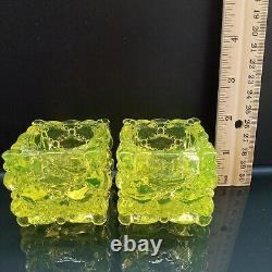 Pair Vaseline Glass Votive / Candle Holders, Diamond Quilted Pattern, Very Rare