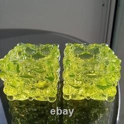 Pair Vaseline Glass Votive / Candle Holders, Diamond Quilted Pattern, Very Rare