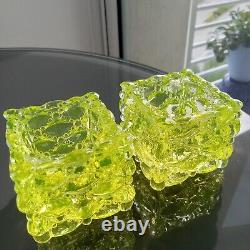 Pair Vaseline Glass Votive / Candle Holders, Diamond Quilted Pattern, Very Rare