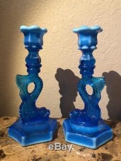 Pair Vintage Blue WESTMORELAND GLASS Fish Koi Dolphin Candlestick Candle Holder