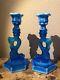 Pair Vintage Blue Westmoreland Glass Fish Koi Dolphin Candlestick Candle Holder