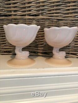 Pair Vintage Cambridge Glass Crown Tuscan Chambered Naitilus Candle Holders 30s