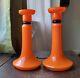 Pair Vintage Czech Glass 8 Candlesticks Candle Holders Orange Cobalt