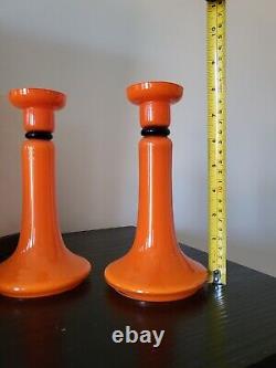 Pair Vintage Czech Glass 8 Candlesticks Candle Holders Orange Cobalt