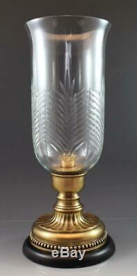 Pair Vintage Etched Glass & Polished Brass Hurricane Lamp Style Candle Holders