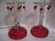 Pair Vintage Glass Red Clear Candle Holder Holders Prisms Antique 8tall 4wide