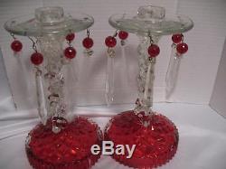 Pair Vintage Glass Red Clear Candle Holder Holders Prisms Antique 8Tall 4Wide