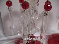 Pair Vintage Glass Red Clear Candle Holder Holders Prisms Antique 8Tall 4Wide