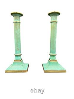 Pair Vintage Verdigris Brass Candlesticks Heavy Column Taper Holders 9