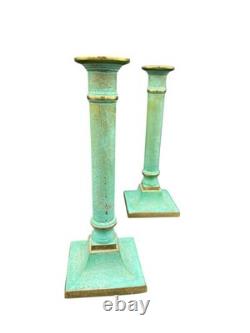 Pair Vintage Verdigris Brass Candlesticks Heavy Column Taper Holders 9