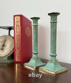 Pair Vintage Verdigris Brass Candlesticks Heavy Column Taper Holders 9