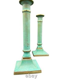 Pair Vintage Verdigris Brass Candlesticks Heavy Column Taper Holders 9