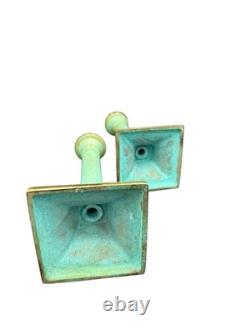 Pair Vintage Verdigris Brass Candlesticks Heavy Column Taper Holders 9