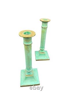 Pair Vintage Verdigris Brass Candlesticks Heavy Column Taper Holders 9