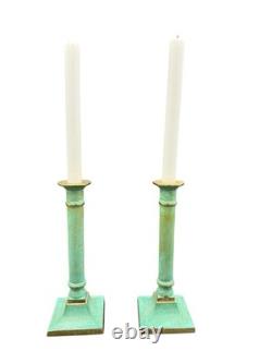 Pair Vintage Verdigris Brass Candlesticks Heavy Column Taper Holders 9