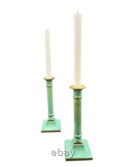 Pair Vintage Verdigris Brass Candlesticks Heavy Column Taper Holders 9