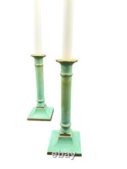 Pair Vintage Verdigris Brass Candlesticks Heavy Column Taper Holders 9