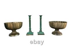 Pair Vintage Verdigris Brass Candlesticks Heavy Column Taper Holders 9