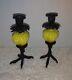 Pair Vintage Yellow Opaline Bird Claw Foot Art Glass & Iron Candle Holders Set