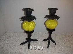 Pair Vintage Yellow Opaline BIRD CLAW FOOT Art Glass & Iron Candle Holders Set