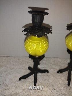Pair Vintage Yellow Opaline BIRD CLAW FOOT Art Glass & Iron Candle Holders Set