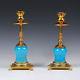 Pair Vintage To Antique Candleholders French Blue Opaline Glass Ormolu Mounts