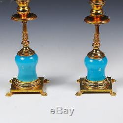 Pair Vintage to Antique Candleholders French blue opaline glass Ormolu mounts